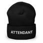 Black attendant uniform work embroidered knit cuffed beanie for professional attire
