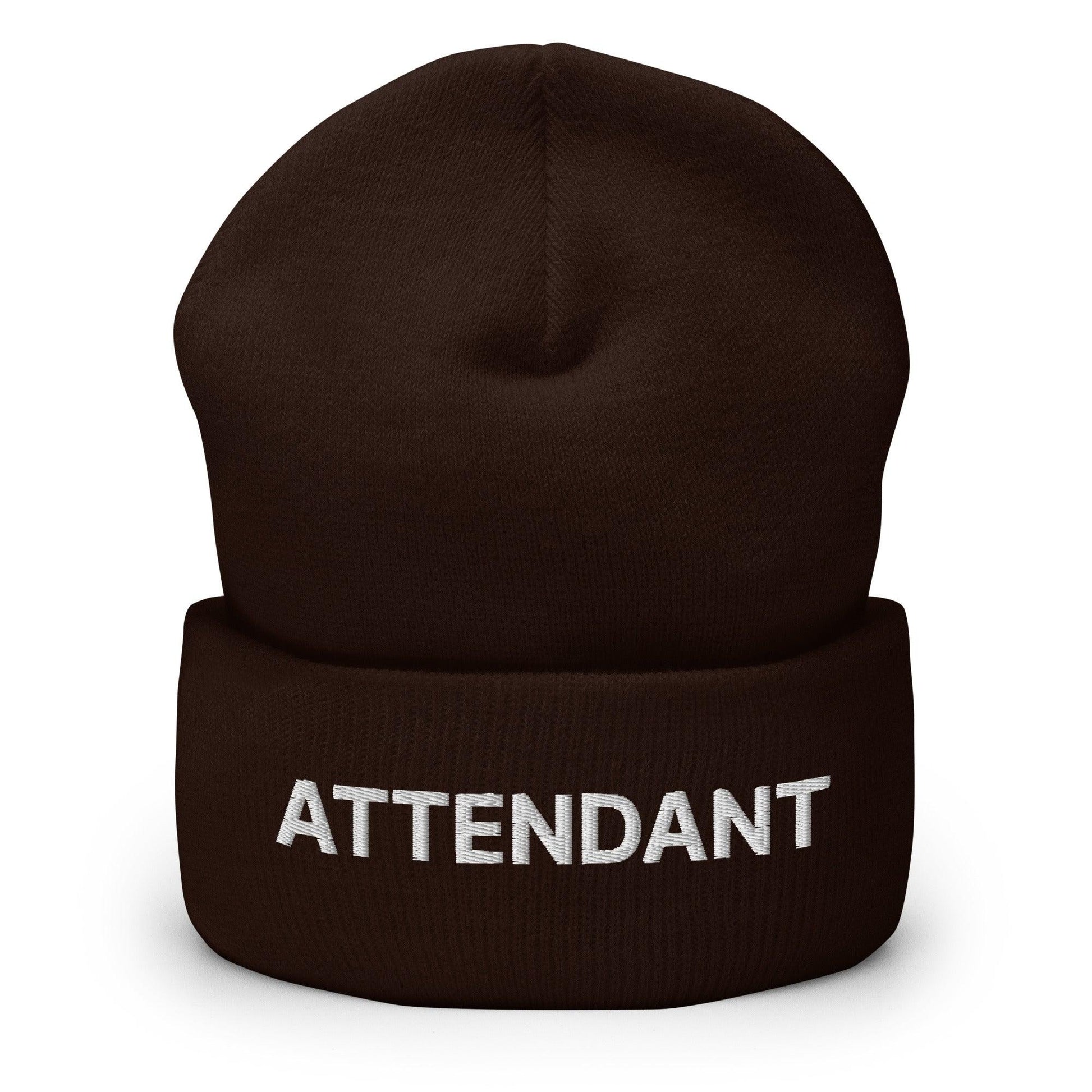 Brown attendant uniform work embroidered knit cuffed beanie for professional attire