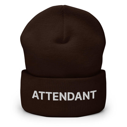Brown attendant uniform work embroidered knit cuffed beanie for professional attire