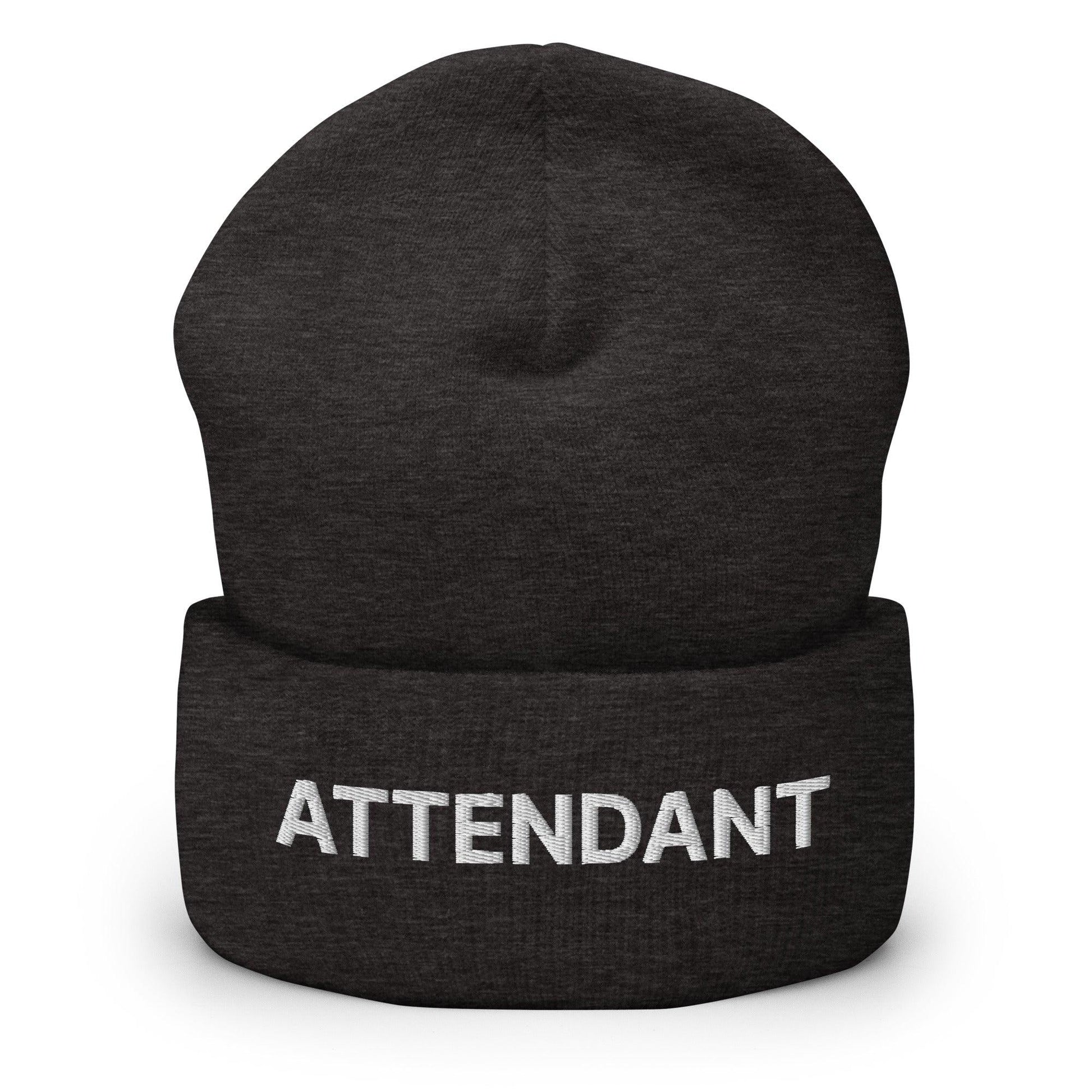 Dark gray attendant uniform work embroidered knit cuffed beanie with ATTENDANT embroidery