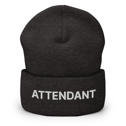 Dark gray attendant uniform work embroidered knit cuffed beanie with ATTENDANT embroidery