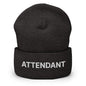 Dark gray attendant uniform work embroidered knit cuffed beanie with ATTENDANT embroidery