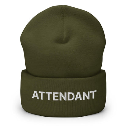 Olive green attendant uniform work embroidered knit cuffed beanie for professional attire