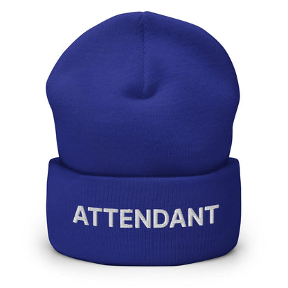 Blue attendant uniform work embroidered knit cuffed beanie with ATTENDANT embroidery