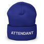 Blue attendant uniform work embroidered knit cuffed beanie with ATTENDANT embroidery
