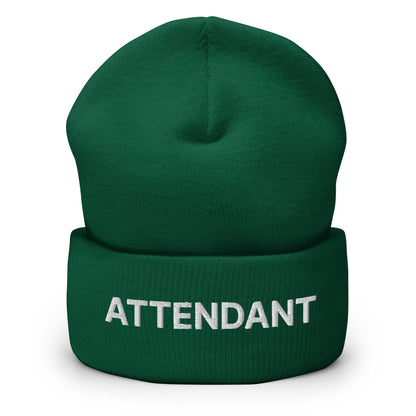 Green attendant uniform work embroidered knit cuffed beanie with Attendant embroidery