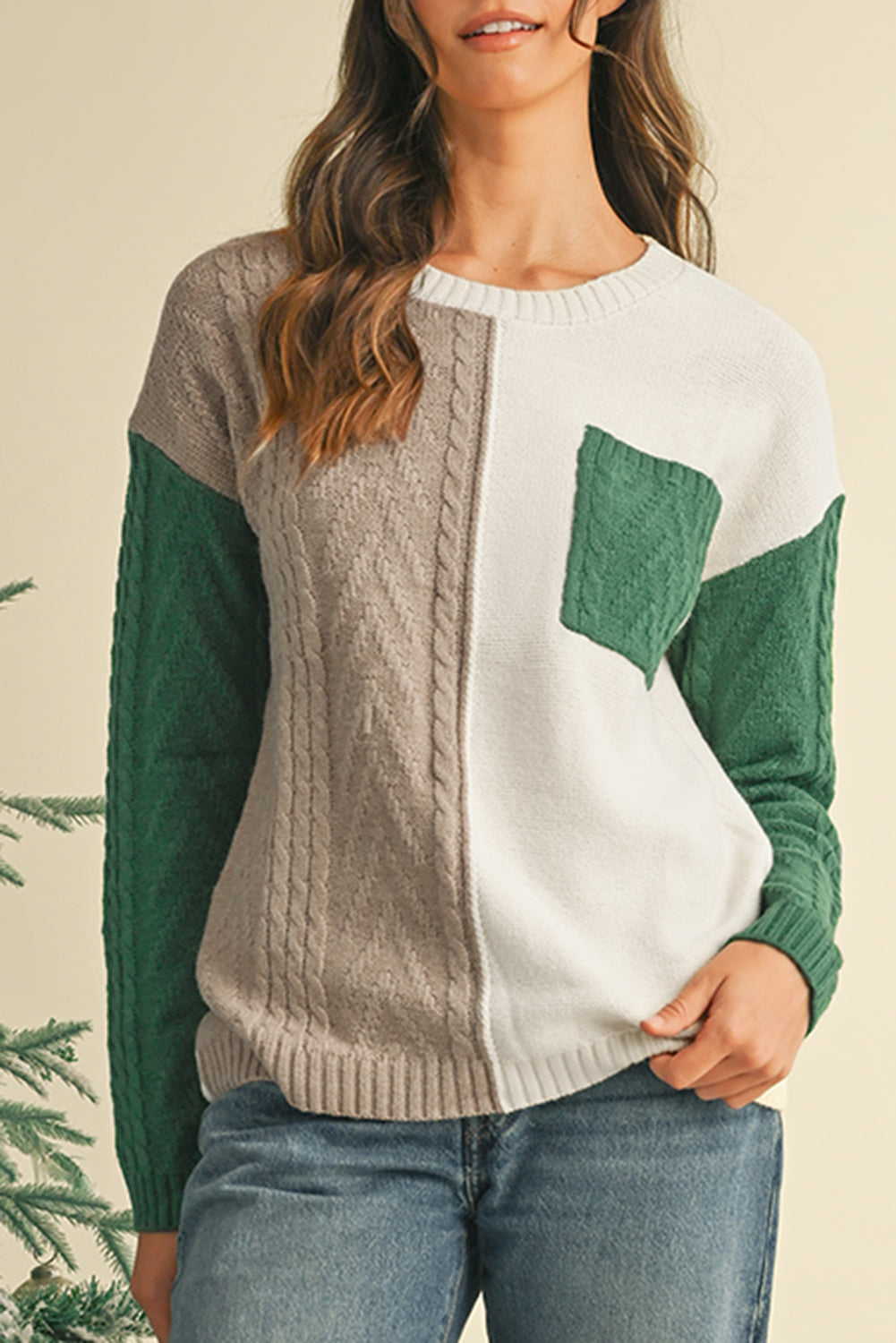 Vineyard Green Colorblock Pocket Drop Shoulder Sweater