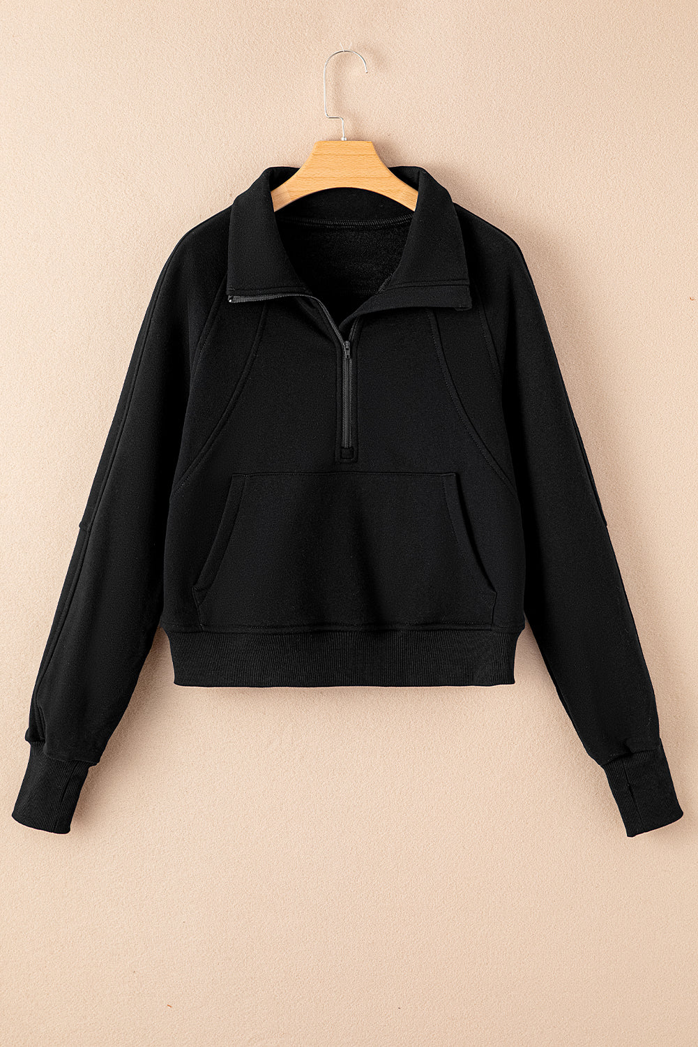 Black Zip Up Stand Collar Ribbed Thumbhole Sleeve Sweatshirt