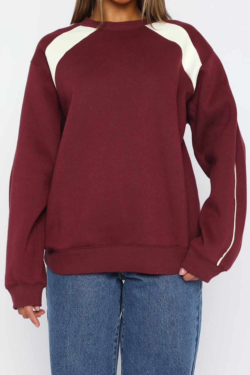 Burgundy Casual Colorblock Loose Tunic Sweatshirt