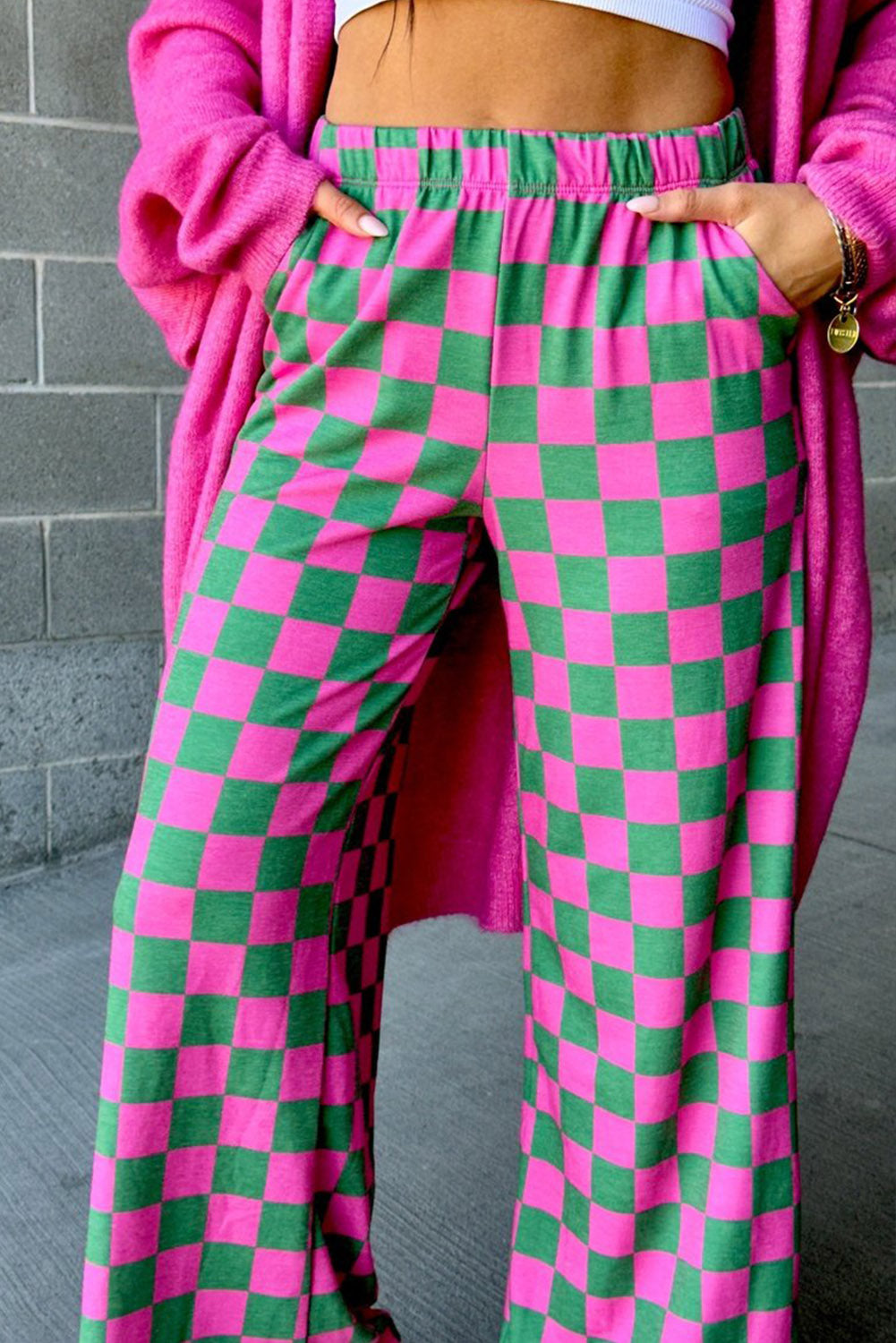 Black Checkered Print High Waist Wide Leg Pants