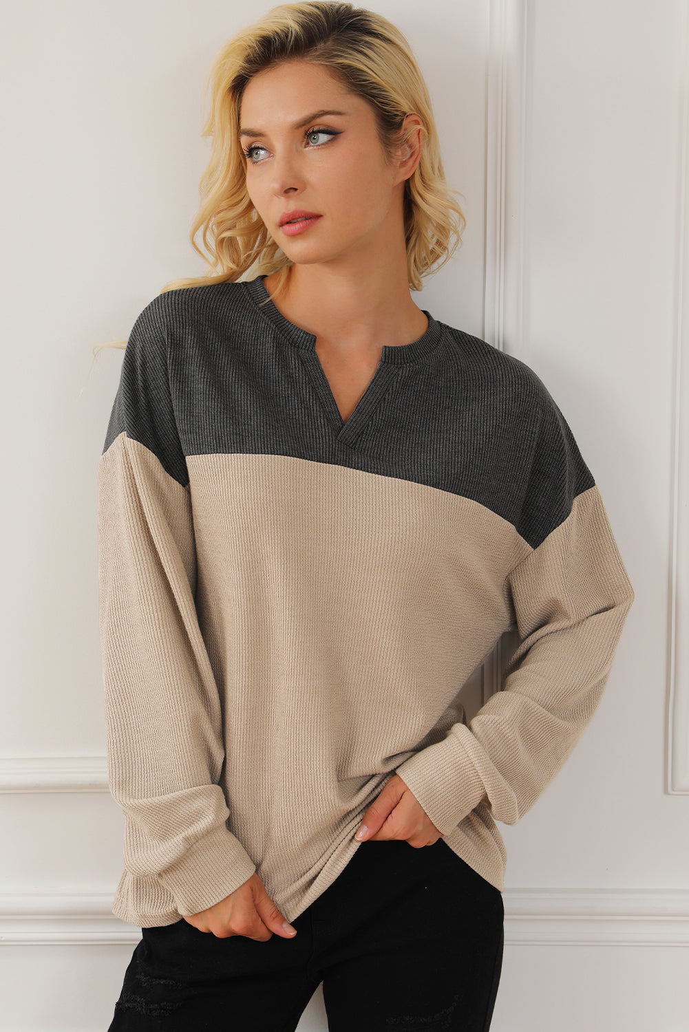 Carbon Grey Colorblock V Neck Corded Sweatshirt