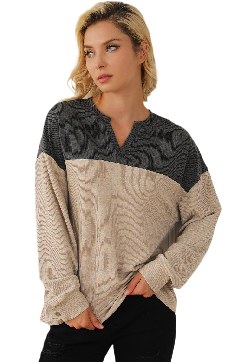 Carbon Grey Colorblock V Neck Corded Sweatshirt