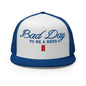 Bad Day to be a Beer Embroidered Flat Bill Brim Mesh Trucker Hat - Royal/ White/ Royal