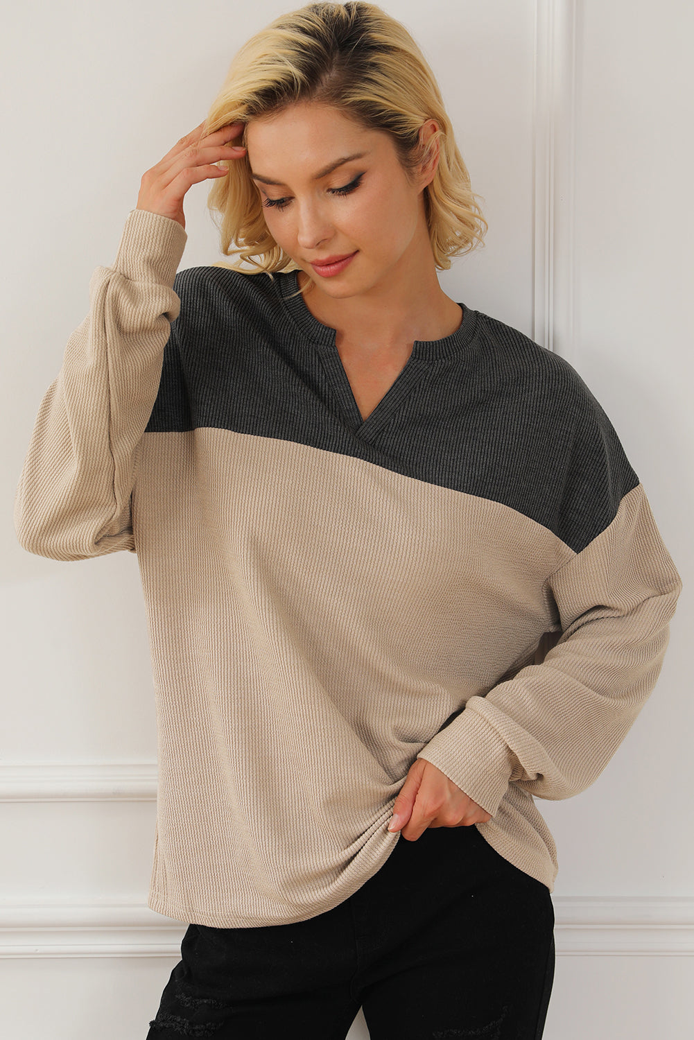 Carbon Grey Colorblock V Neck Corded Sweatshirt