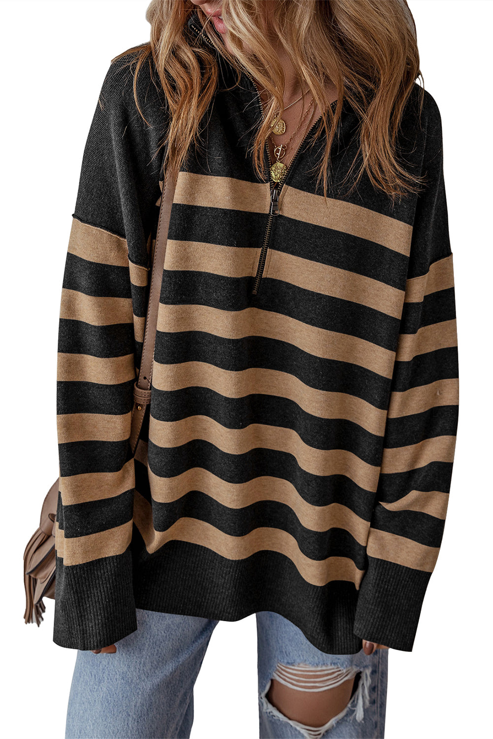 Black Striped Collared Quarter Zip Oversized Sweater