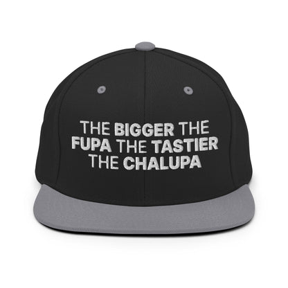 The Bigger the Fupa Tastier Chalupa Embroidered Flat Bill Brim Snapback Hat - Black/ Silver