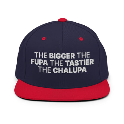 The Bigger the Fupa Tastier Chalupa Embroidered Flat Bill Brim Snapback Hat - Navy/ Red