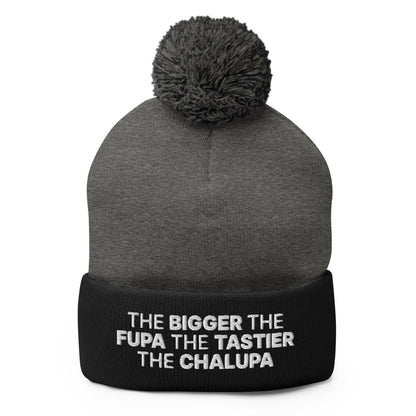 The Bigger the Fupa Tastier Chalupa Embroidered Knit Pom Beanie - Dark Heather Grey/ Black