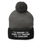 The Bigger the Fupa Tastier Chalupa Embroidered Knit Pom Beanie - Dark Heather Grey/ Black