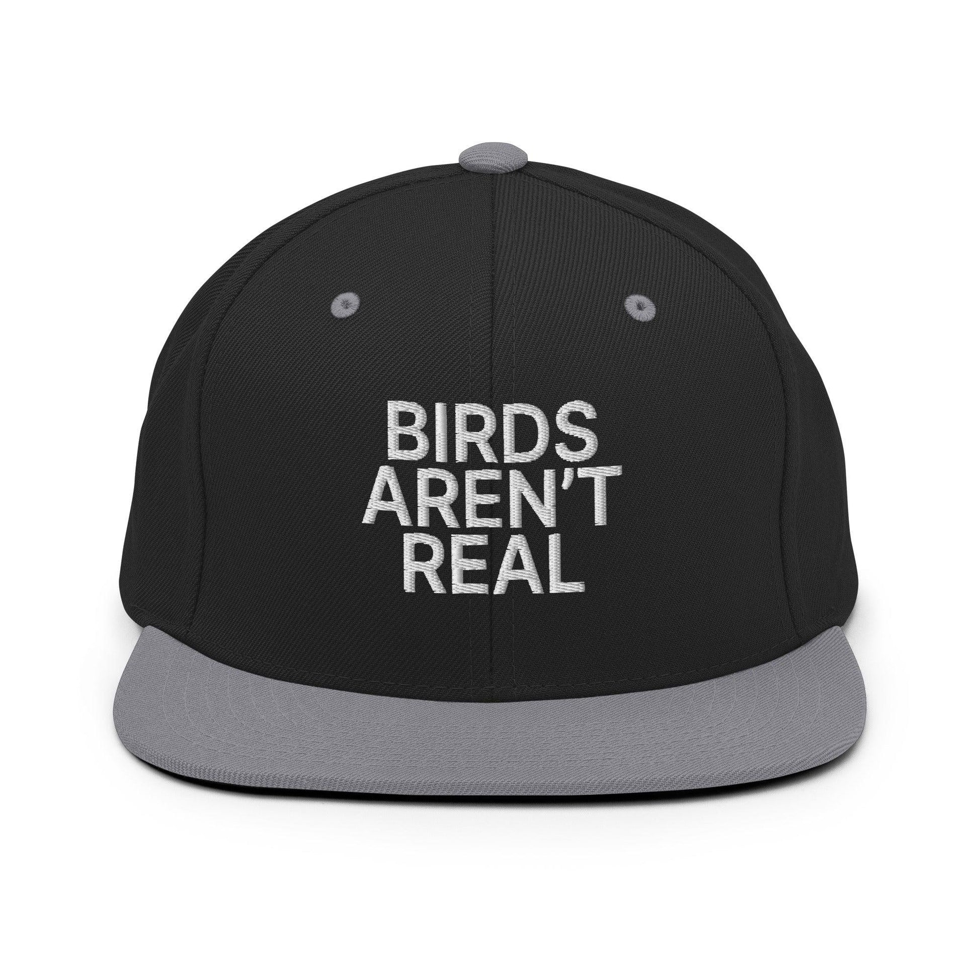Birds Aren’t Real Embroidered Flat Bill Brim Snapback Hat - Black/ Silver