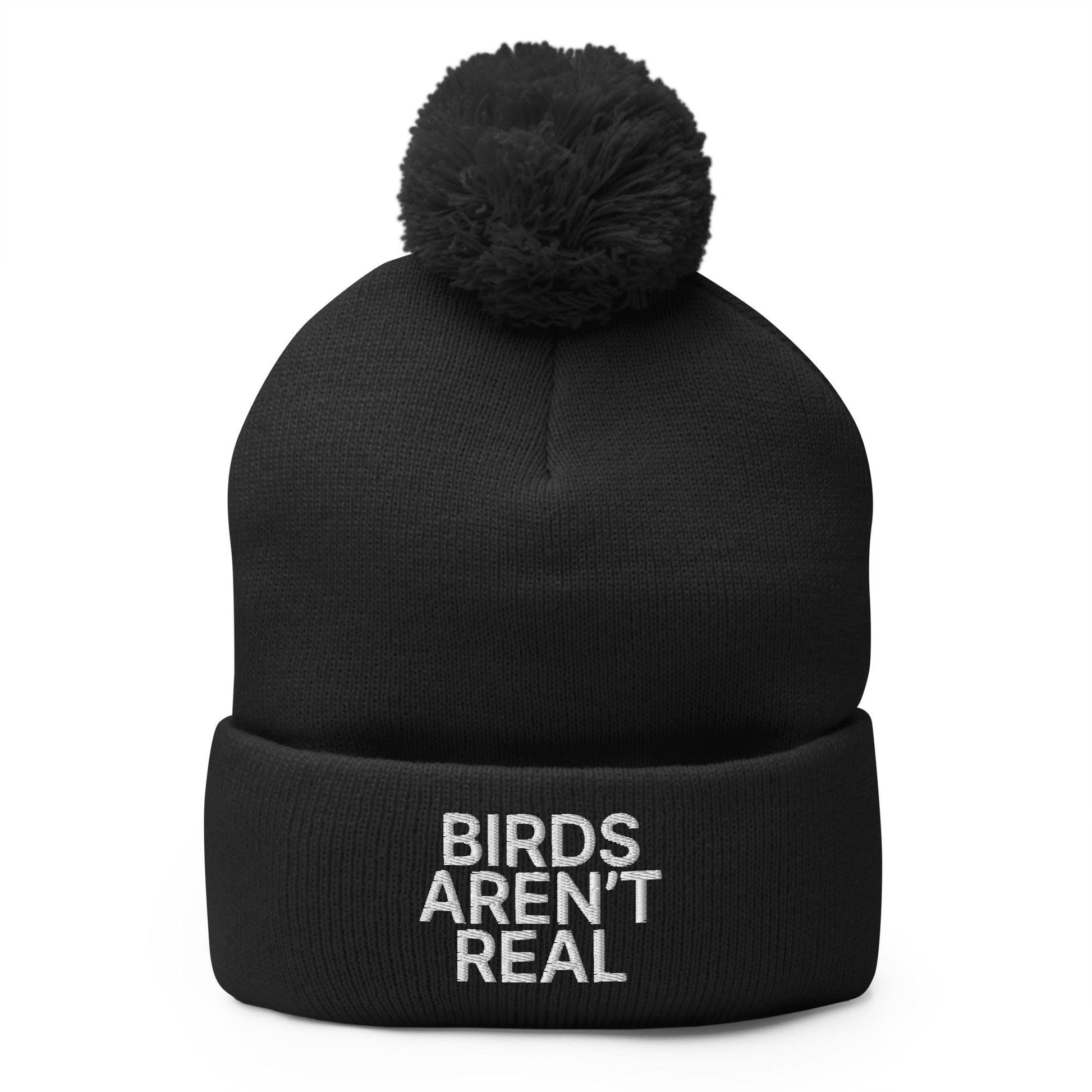 Birds Aren’t Real Embroidered Knit Pom Beanie - Black