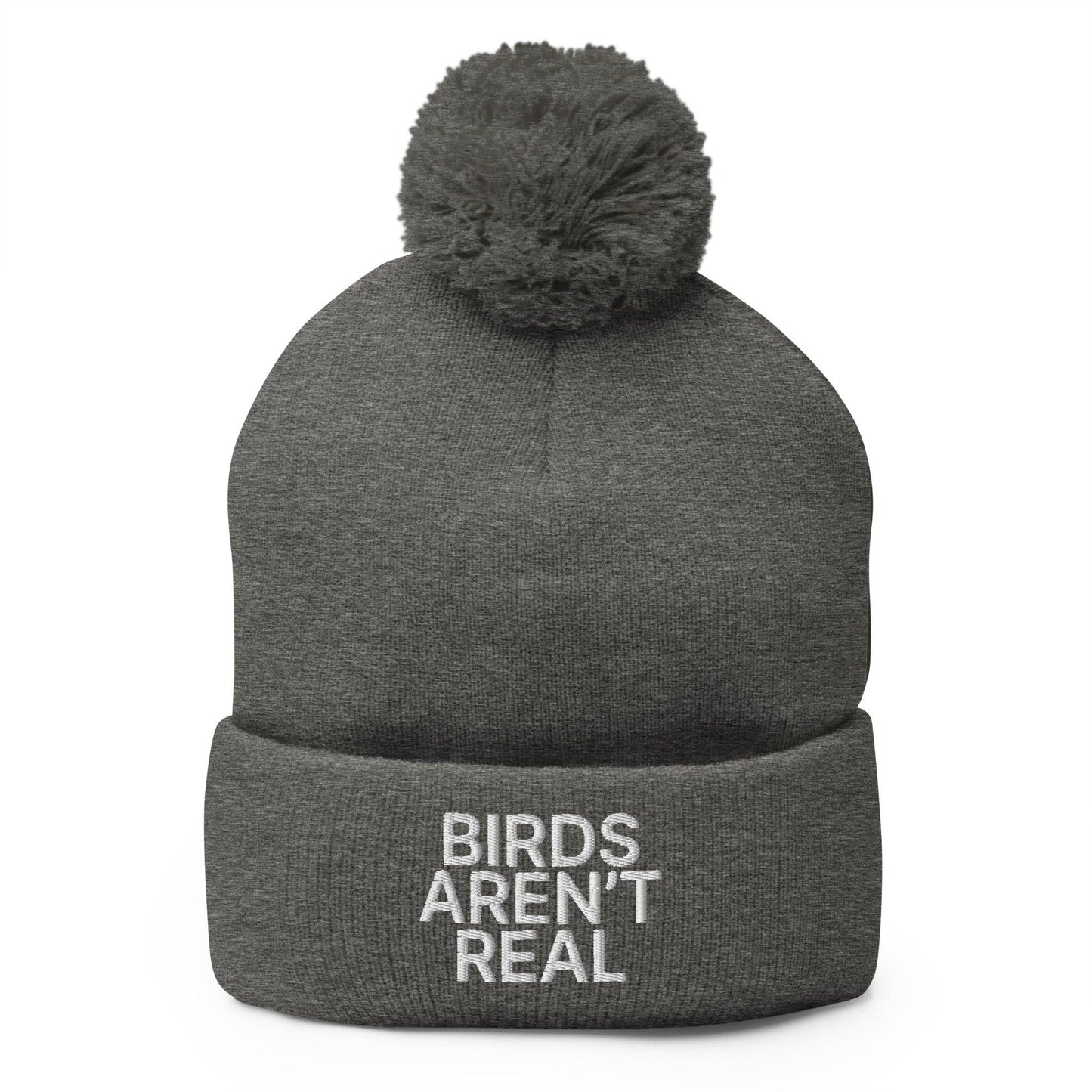 Birds Aren’t Real Embroidered Knit Pom Beanie - Dark Heather Grey