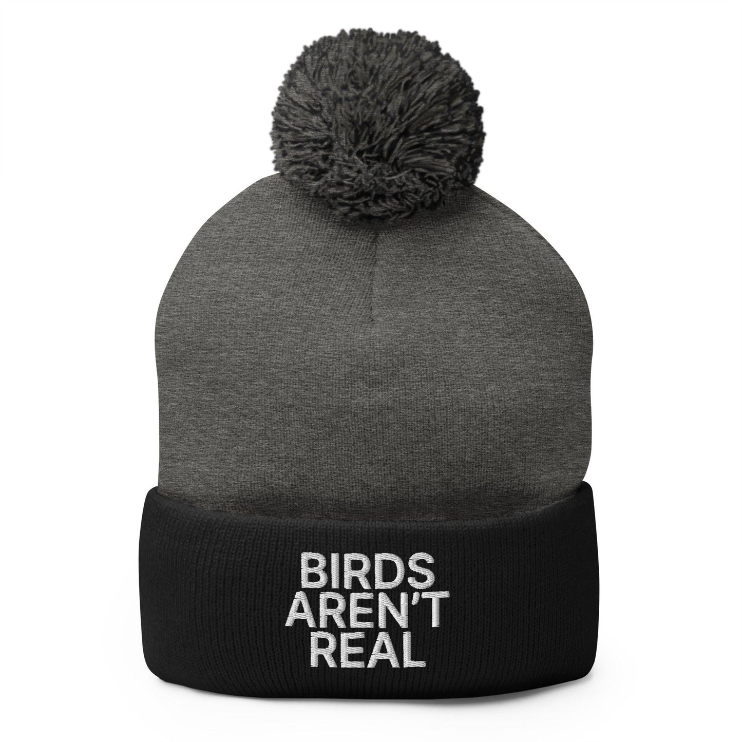 Birds Aren’t Real Embroidered Knit Pom Beanie - Dark Heather Grey/ Black