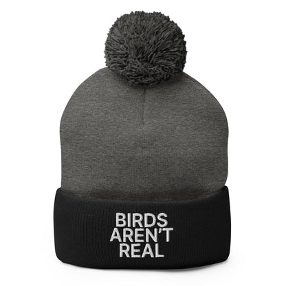 Birds Aren’t Real Embroidered Knit Pom Beanie - Dark Heather Grey/ Black