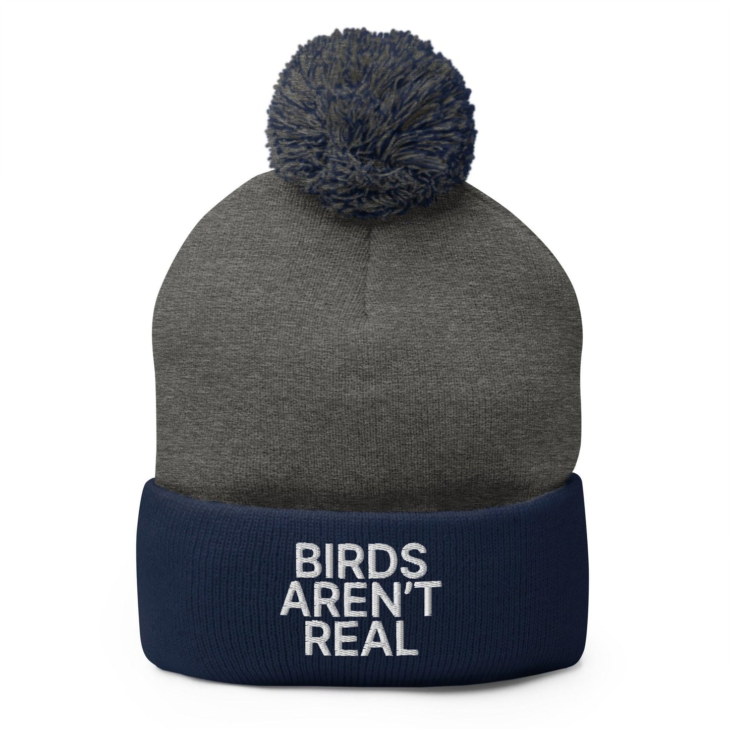 Birds Aren’t Real Embroidered Knit Pom Beanie - Dark Heather Grey/ Navy