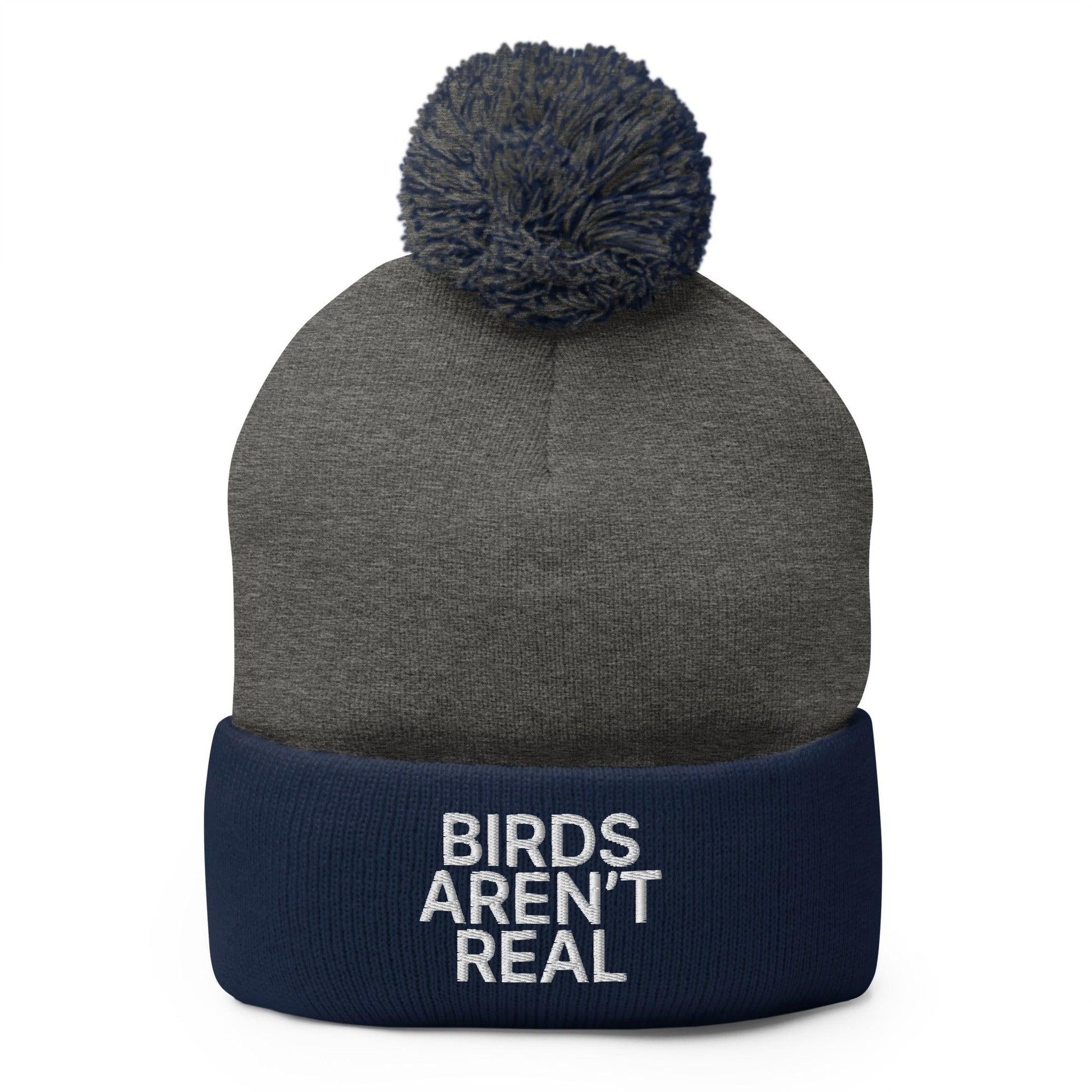 Birds Aren’t Real Embroidered Knit Pom Beanie - Dark Heather Grey/ Navy