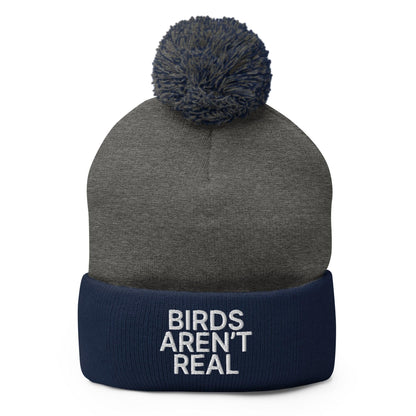 Birds Aren’t Real Embroidered Knit Pom Beanie - Dark Heather Grey/ Navy