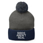 Birds Aren’t Real Embroidered Knit Pom Beanie - Dark Heather Grey/ Navy