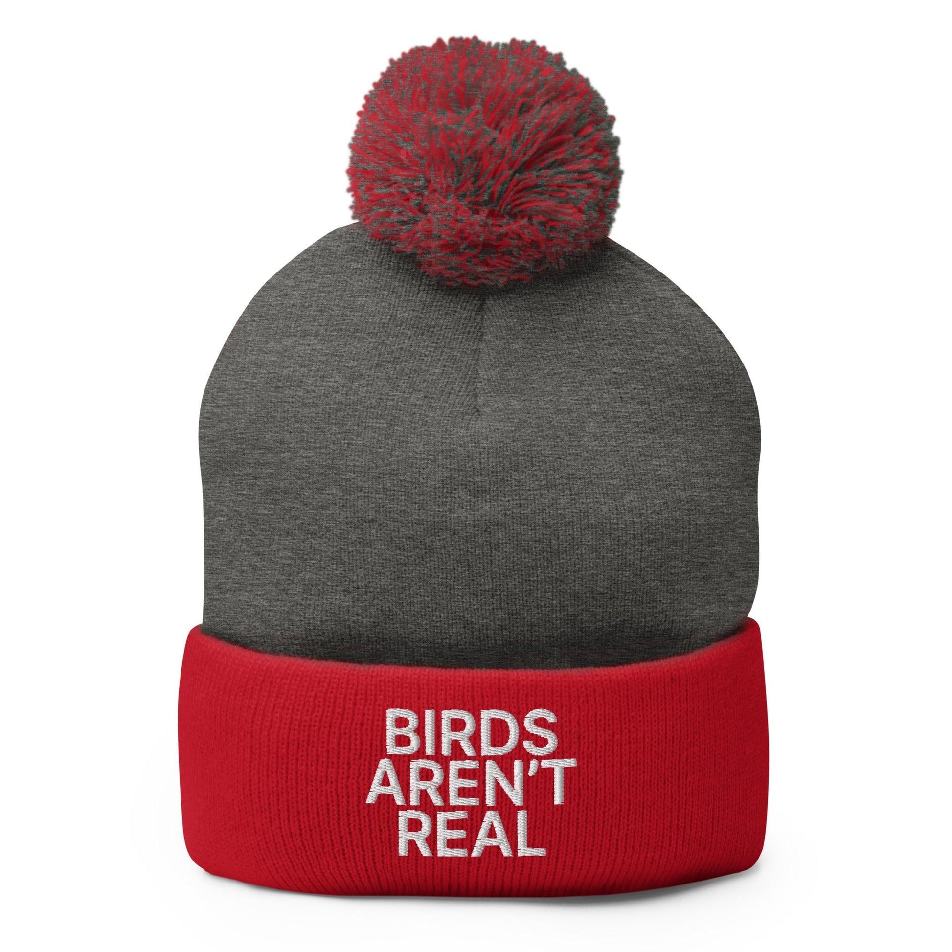 Birds Aren’t Real Embroidered Knit Pom Beanie - Dark Heather Grey/ Red