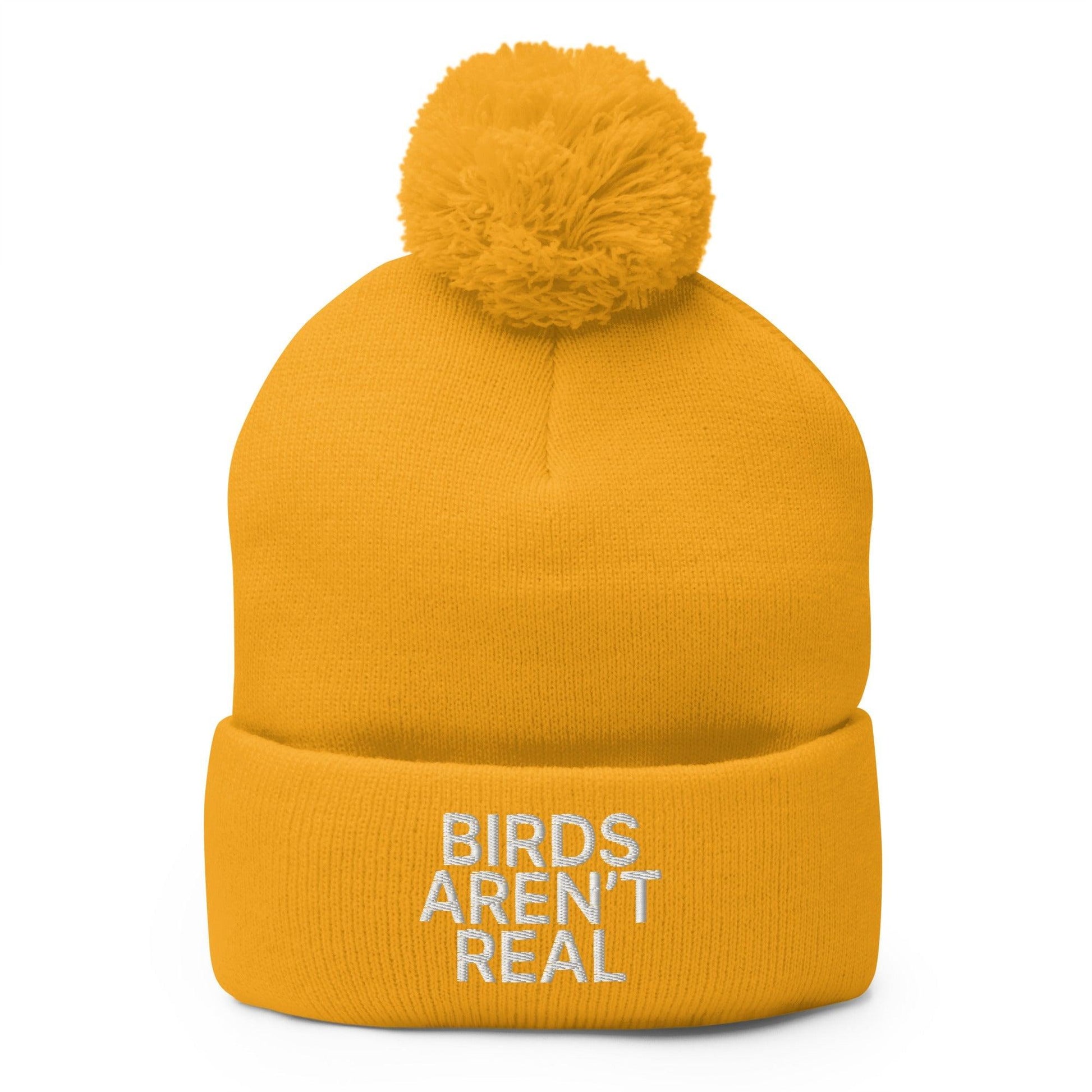 Birds Aren’t Real Embroidered Knit Pom Beanie - Gold