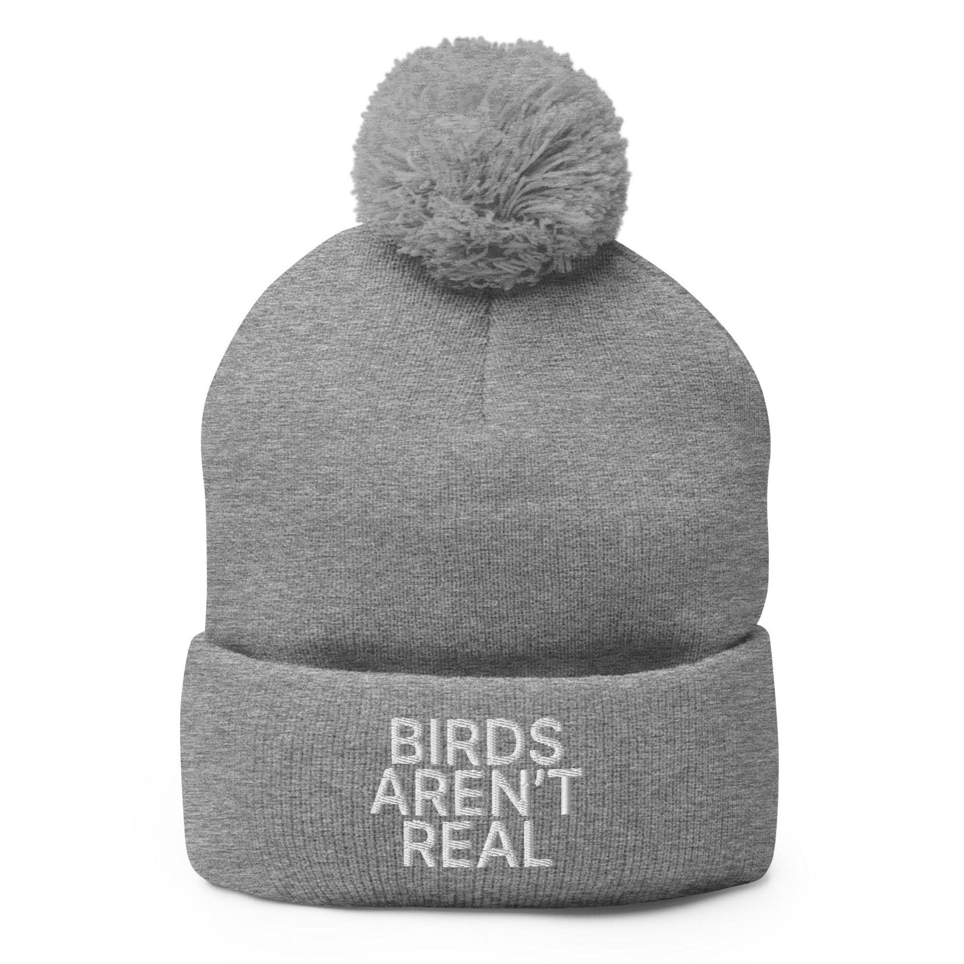Birds Aren’t Real Embroidered Knit Pom Beanie - Heather Grey