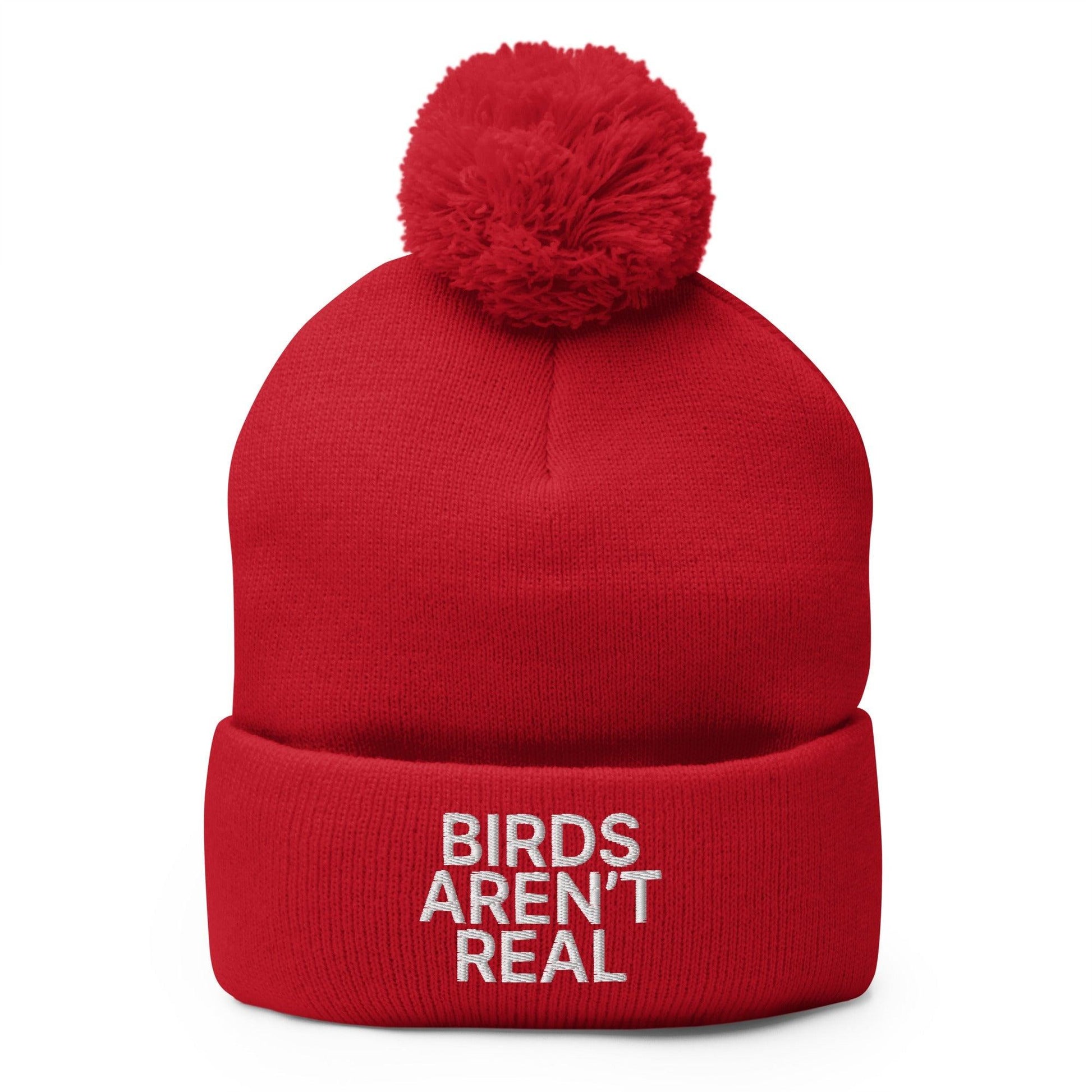 Birds Aren’t Real Embroidered Knit Pom Beanie - Red