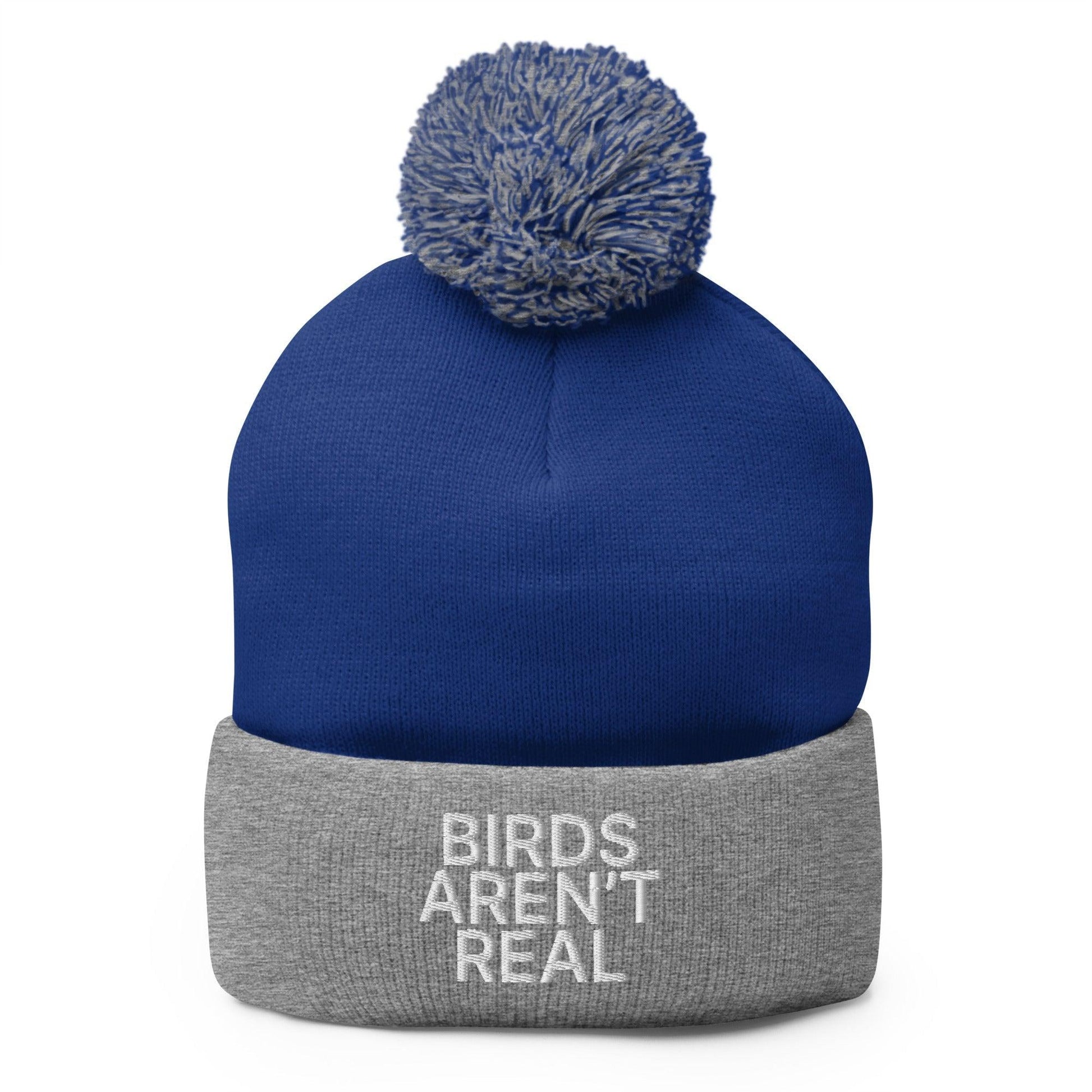 Birds Aren’t Real Embroidered Knit Pom Beanie - Royal/ Heather Grey