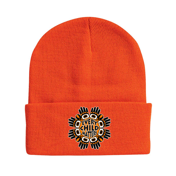 Blaze Orange Knit Toque – ‘Every Child Matters’ Indigenous Hands Maple Leaf Design - Adults / One size - Headwear