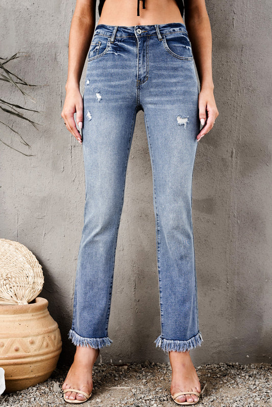 Sky Blue Raw Hem High Waist Straight Leg Jeans