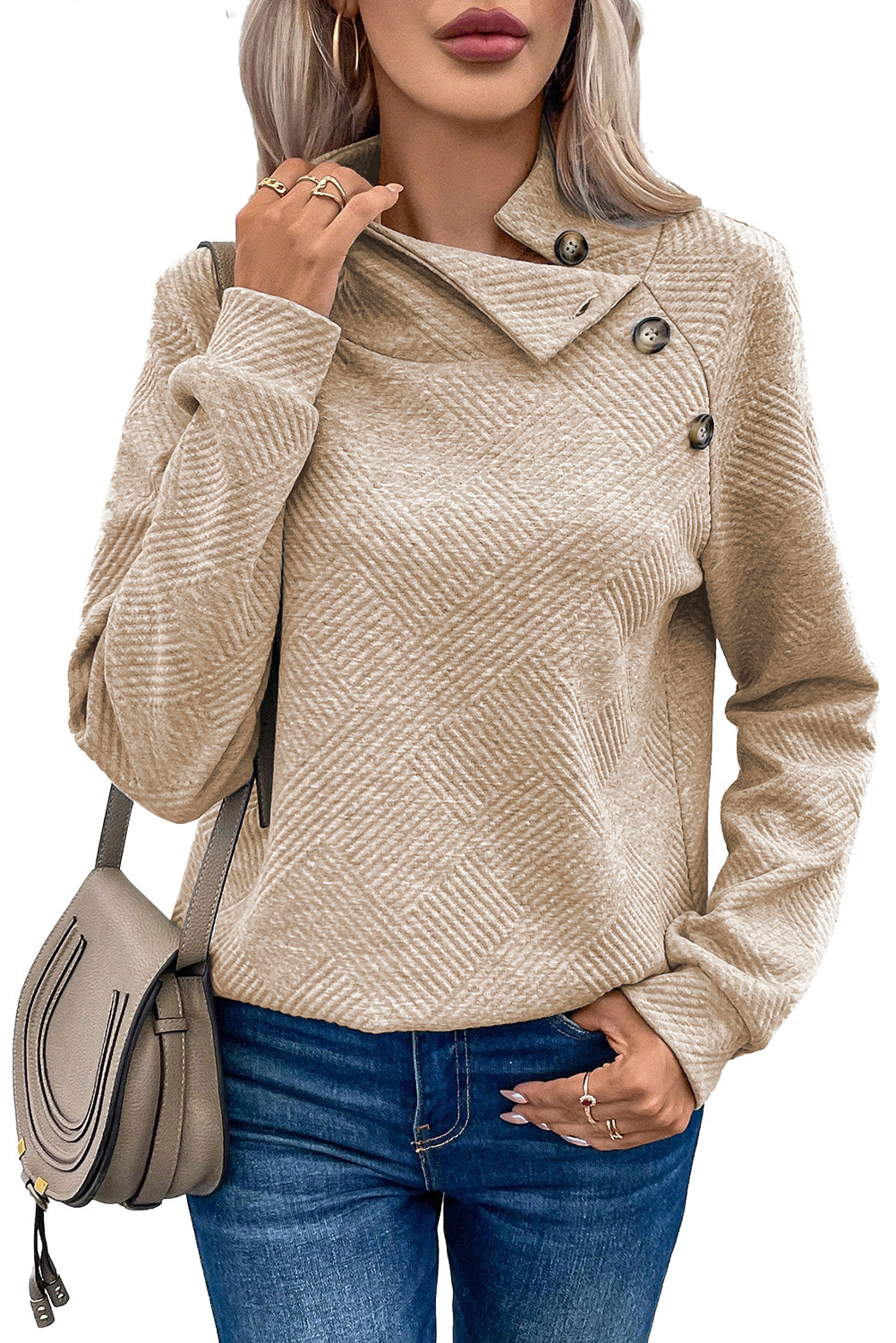 Apricot Solid Color Button Detail Textured Sweatshirt