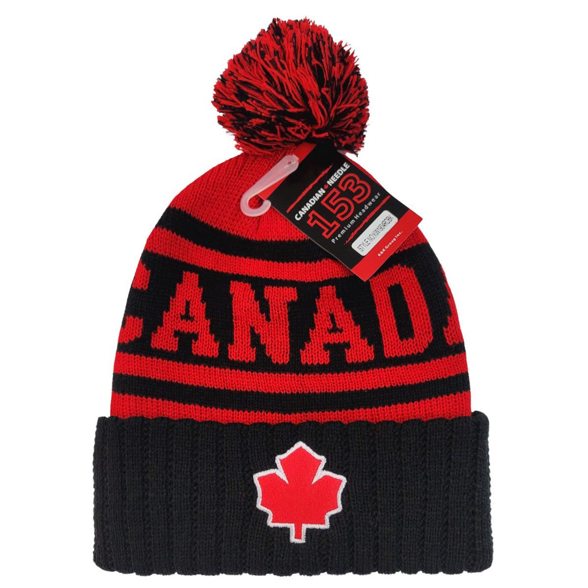 CANADA Pom Knit Toque - Black with Red Jacquard Canada Leaf Felt Patch KW1904BKRD - OSFA - Logo