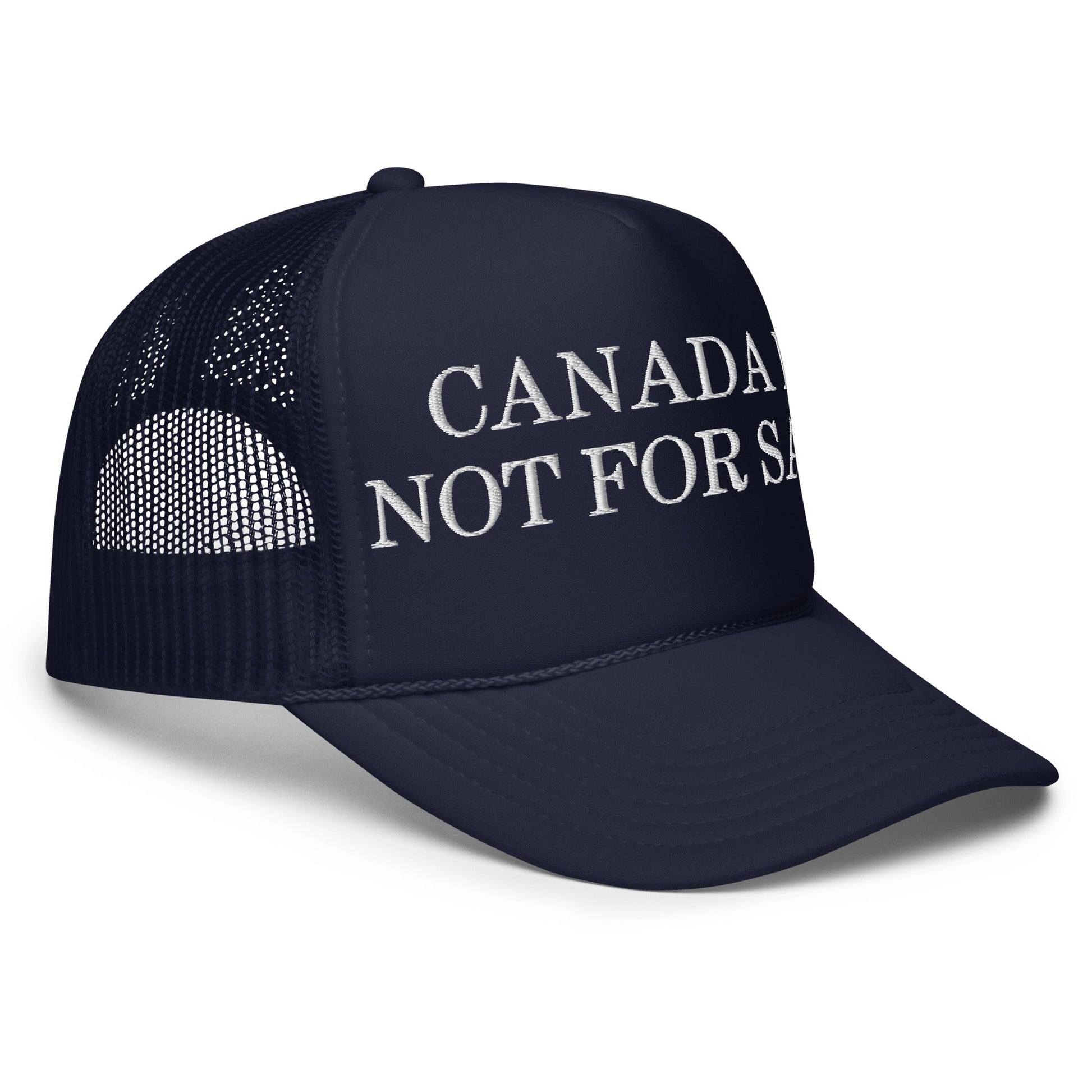 Navy blue embroidered foam trucker hat from Canada is not for Sale custom apparel sale hat