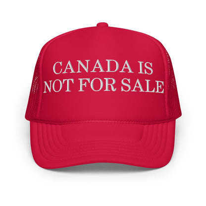 Red embroidered foam trucker hat with text, ideal for custom apparel or sale hat