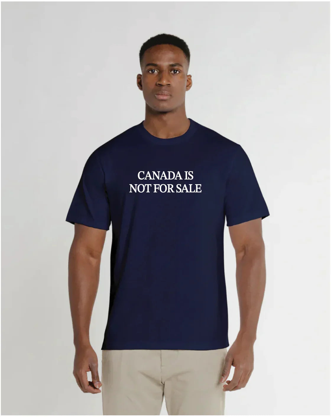 Navy T-shirt with white text from Canada is Not For Sale custom apparel collection