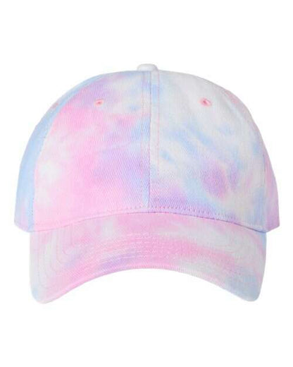 Tie-dye baseball cap with screen printing design, perfect for custom apparel or dad hats