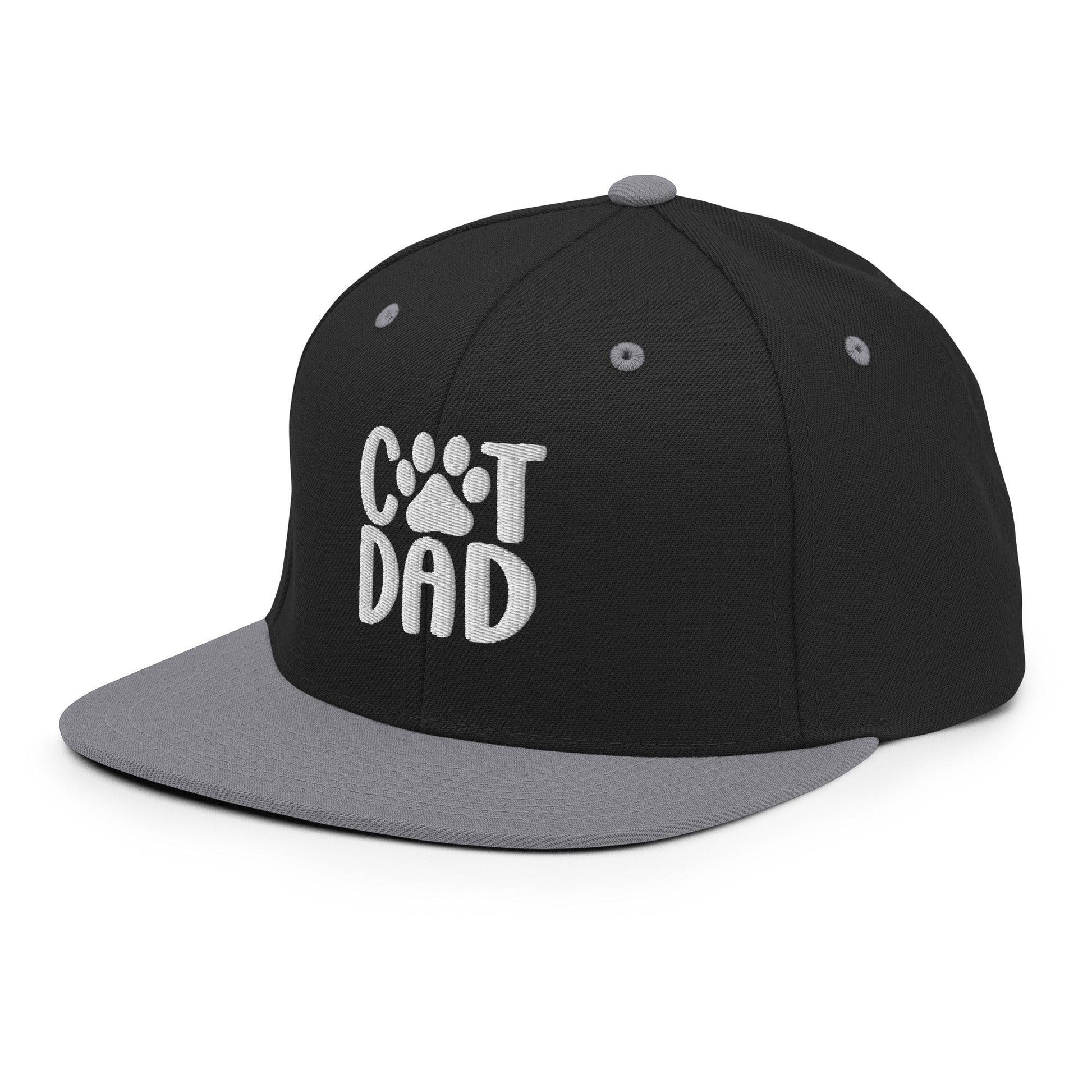 Black and gray Cat Dad embroidered brim snapback hat with flat bill design
