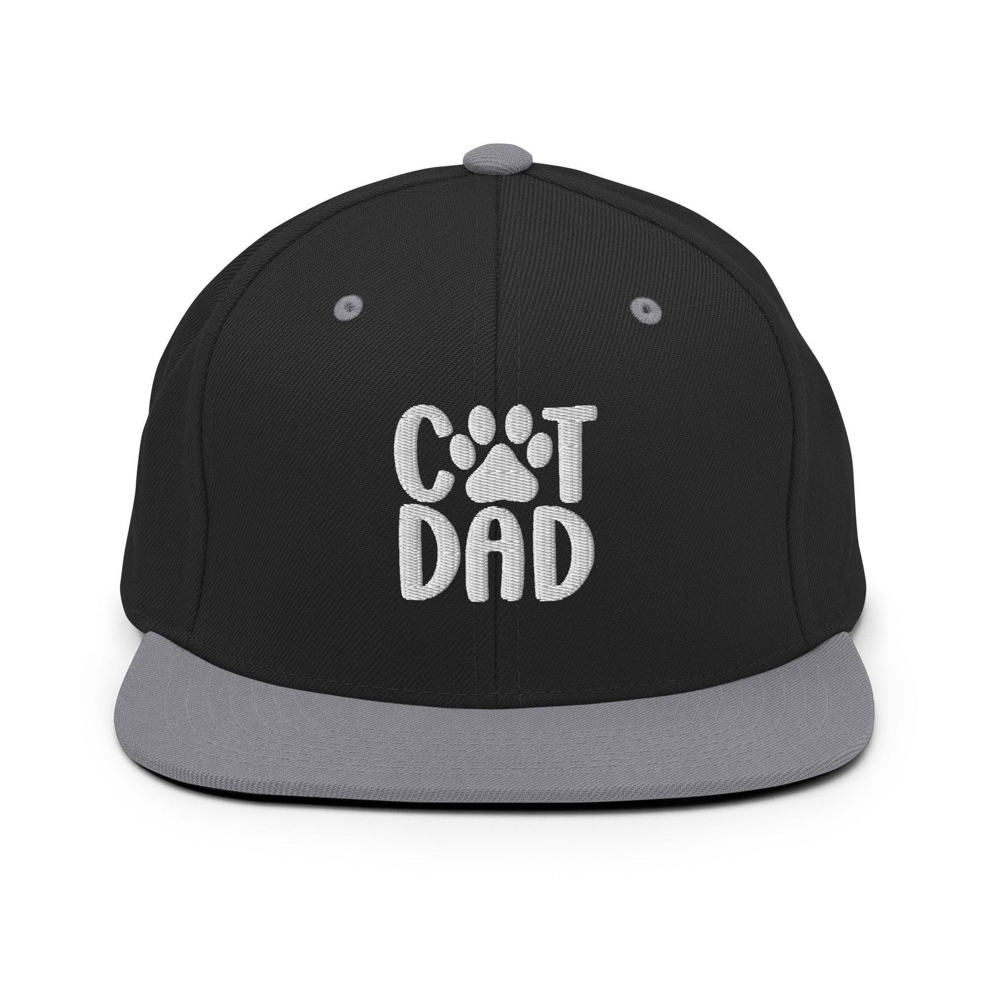 Black and gray Cat Dad embroidered flat bill brim snapback hat for cat lovers