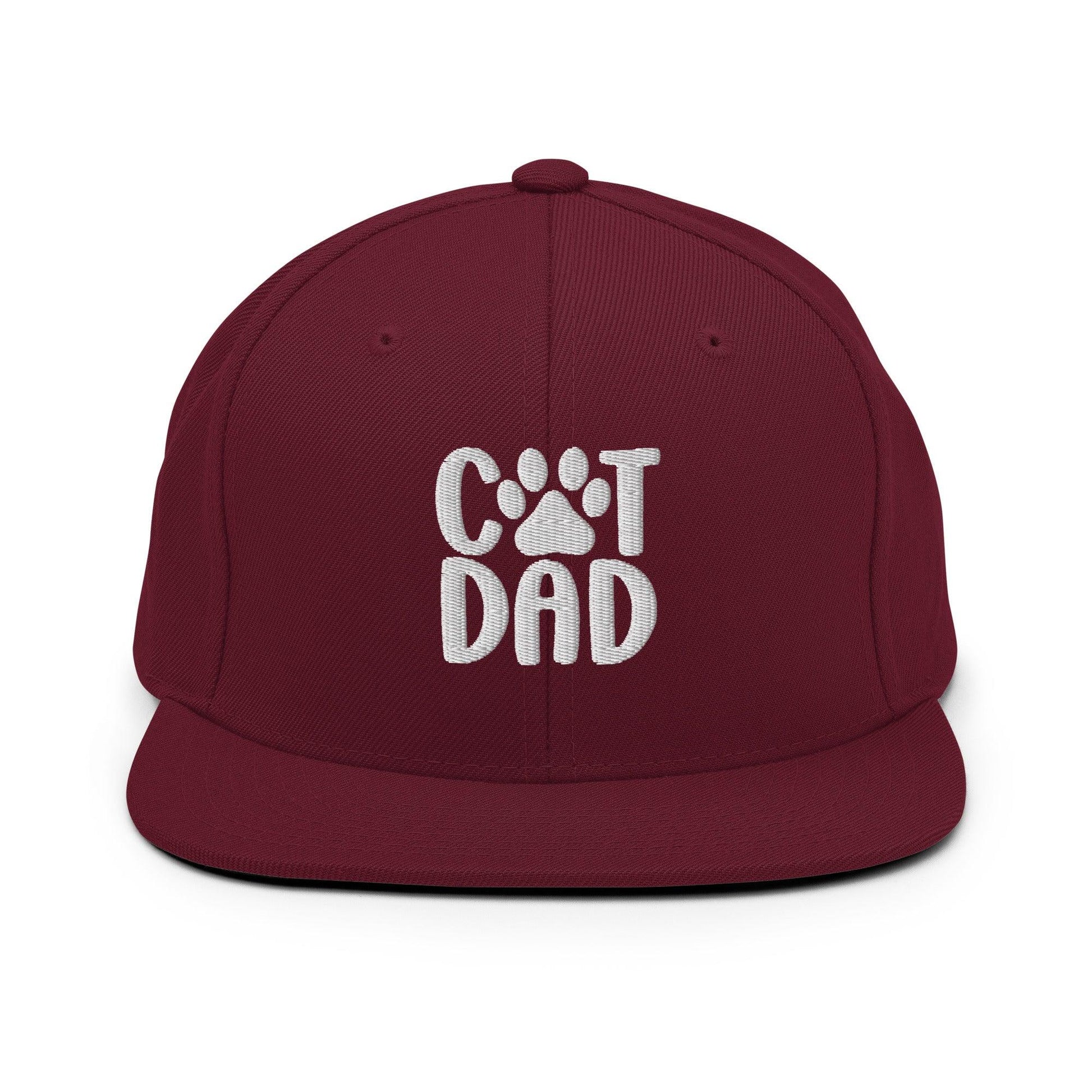 Maroon Cat Dad Embroidered Flat Bill Brim Snapback Hat for Cat Dads