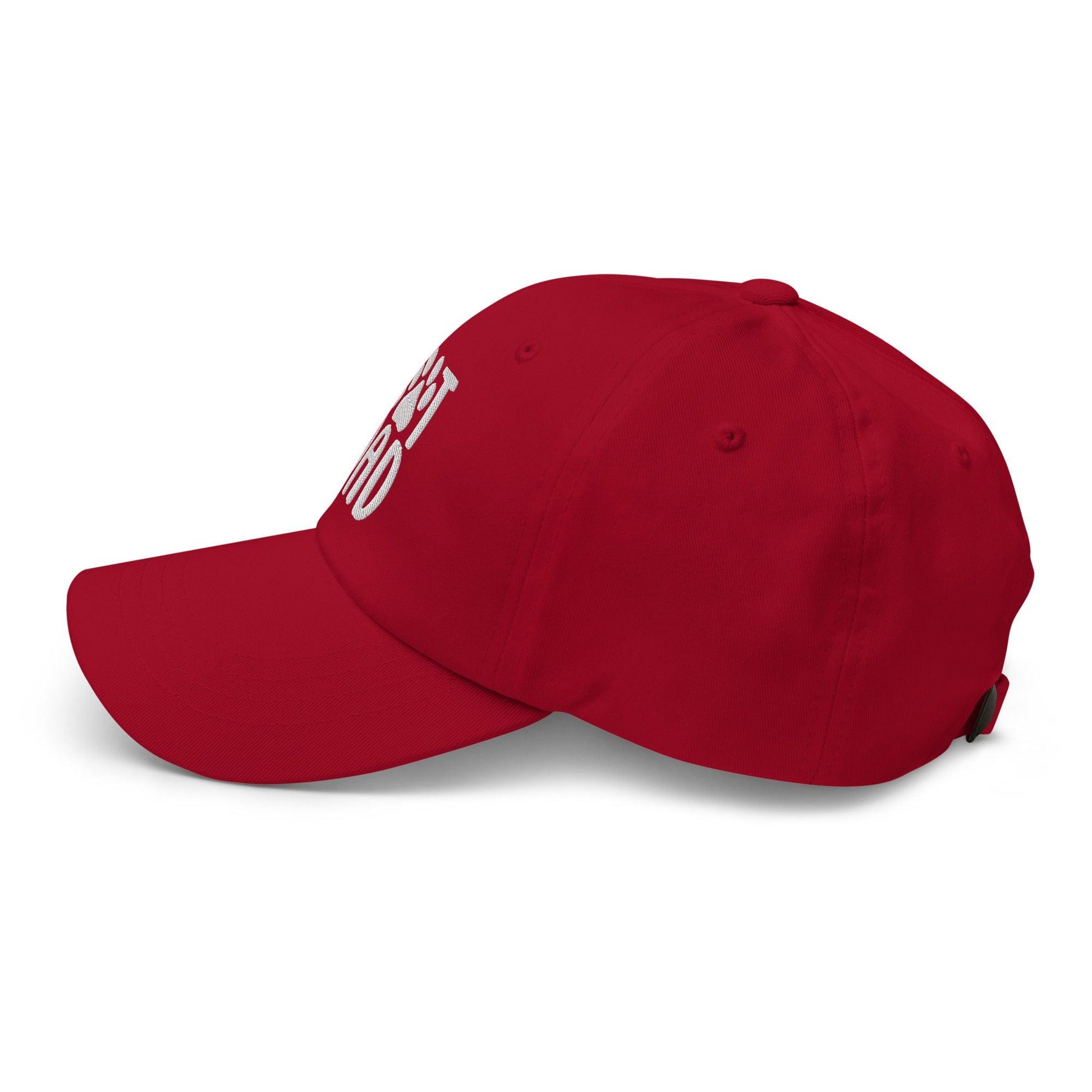 Red baseball cap with Cat Dad Embroidered Dad Hat design, perfect for dad embroidered hat enthusiasts
