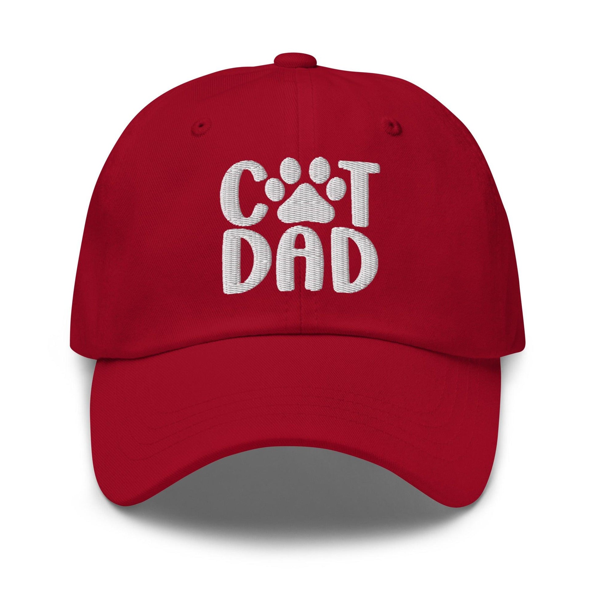 Red Cat Dad embroidered baseball cap featured on Cat Dad Embroidered Dad Hat product page
